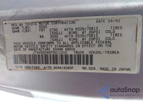 1993 Toyota T100 from USA, damaged, VIN JT4VD20A0P0011010